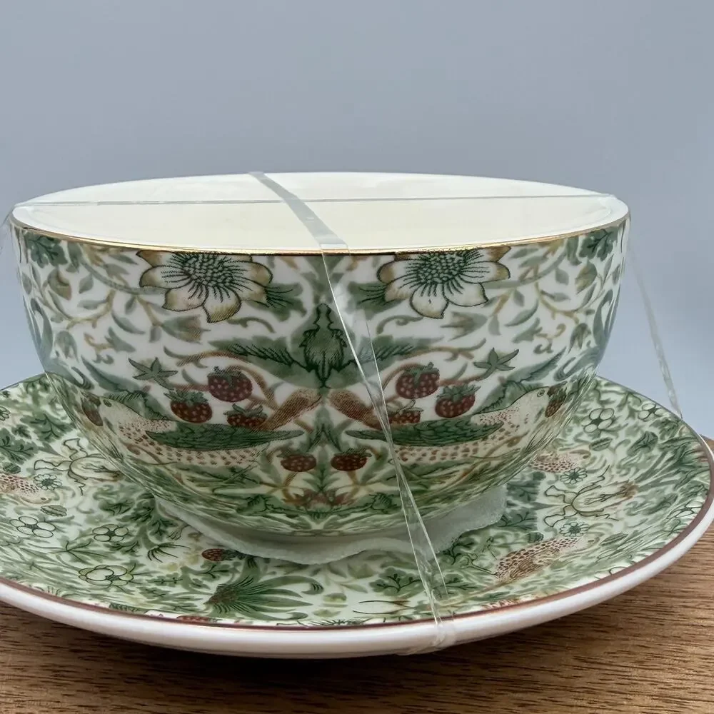 William Morris & Co Strawberry Thief Green Floral Teacup & Saucer Set NWT